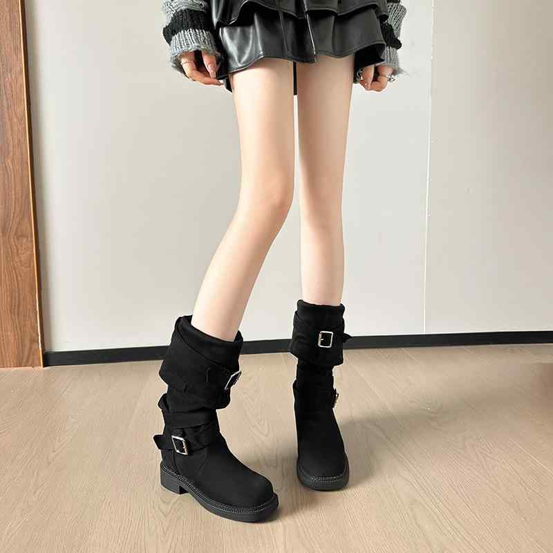 ブーツ レディース 皺加工 厚底 チャンキーヒール ベルベット調 ファッション ロングブーツ インヒール ウェスタンブーツ カーキ色 黒