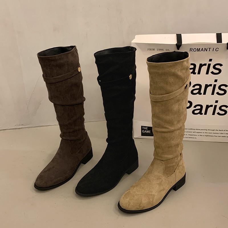 ブーツ レディース 粗めヒール 杏色 スエード調 スタックド ロングブーツ 秋冬 防水 滑り止め 耐摩耗 ..