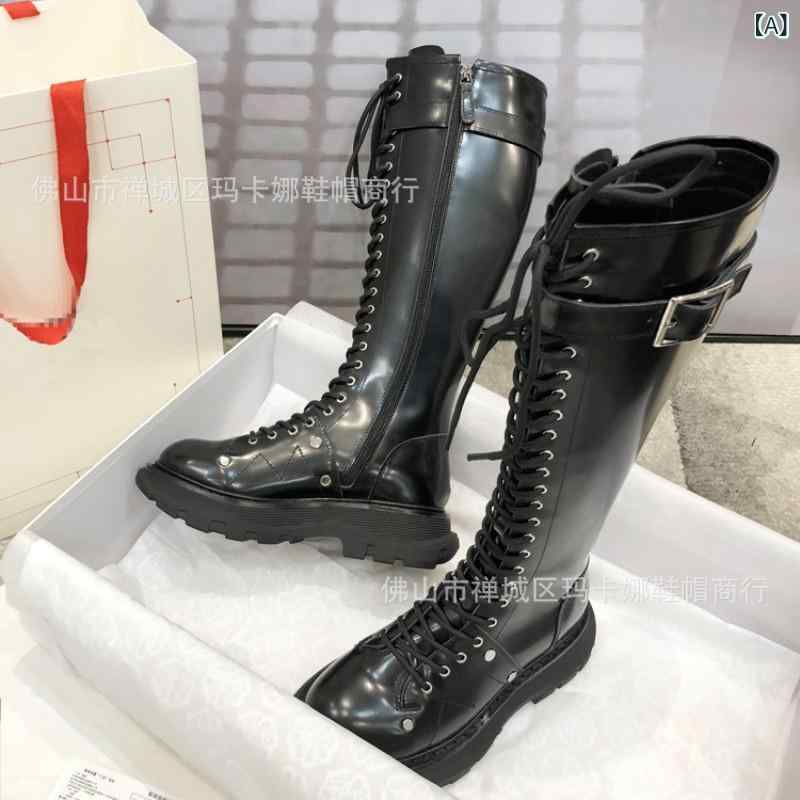 ブーツ レディース 厚底 騎士ブーツ 高筒ブーツ 本革 レザー レースアップ バックル飾り付き ラウンドトゥ ローヒール 歩きやすい 履きやすい 滑り止め 春秋冬 黒 白