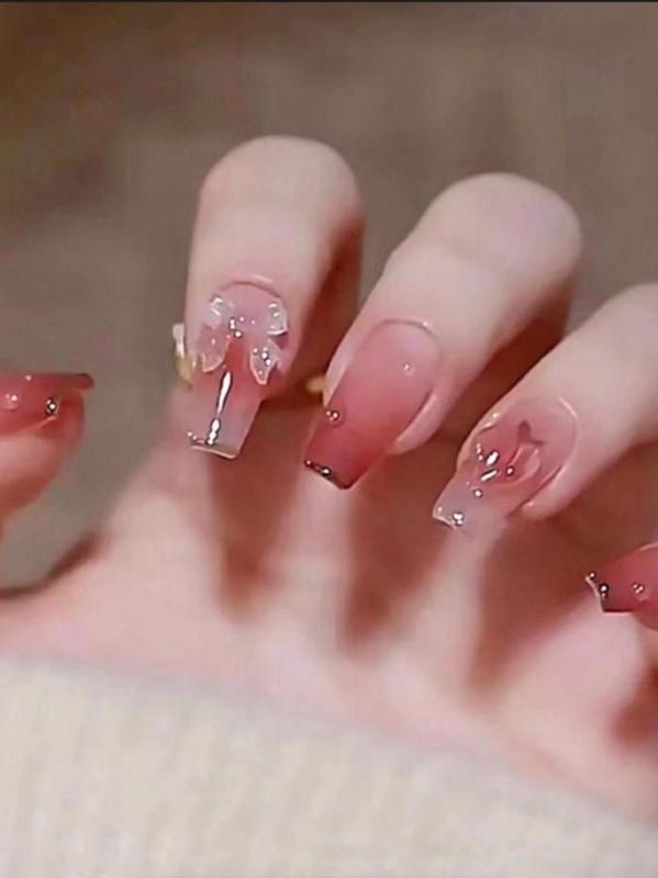 ネイルチップ キッズ 子供用 付け爪 ジェルネイル風 山茶花 蝶 バレエ風 ハート 水钻 スタッズ キラキ..