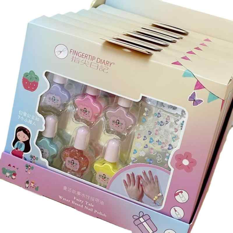 ネイル 水性 キッズ 子供用 マニキュア 6色セット ラメ入り はがせるタイプ かわいい 童話モチーフ ステッカー付き