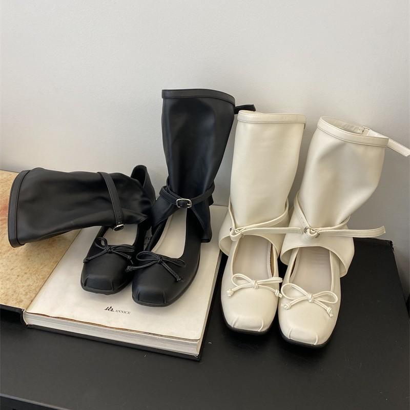 ブーツ レディース 女性用 本革 羊皮 バレエシューズ風 蝶結び ショートブーツ ミドル丈 無地 ローヒール フラットヒール ベージュ ブラック 春夏 秋冬