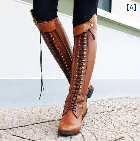 ブーツ レディース 婦人靴 ファッションブーツ ローヒール 3cm以下 チャンキーヒール 合成皮革 スエード調 ラウンドトゥ レースアップ 膝丈 ブラック 黒 赤 レッド イエロー 黄色 秋冬