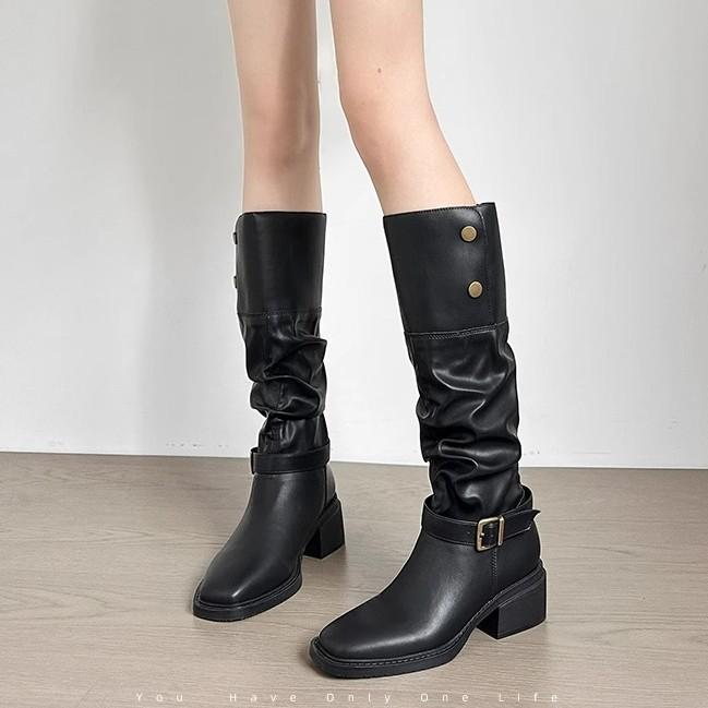 ブーツ レディース 本革 ミドル丈 ウェスタン 粗ヒール サイドジップ 褶皱 レトロ 防水 防滑 耐摩耗 秋冬 ブラック ブラウン