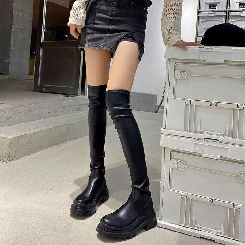 ブーツ レディース ニーハイブーツ 韓国風 スタイルアップ 厚底 騎士ブーツ 女性用 ラウンドトゥ ローヒール 合皮 ブラック