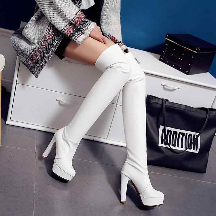 ブーツ レディース ニーハイブーツ ストレッチ 超高ヒール 太ヒール ラウンドトゥ 秋冬 白 黒