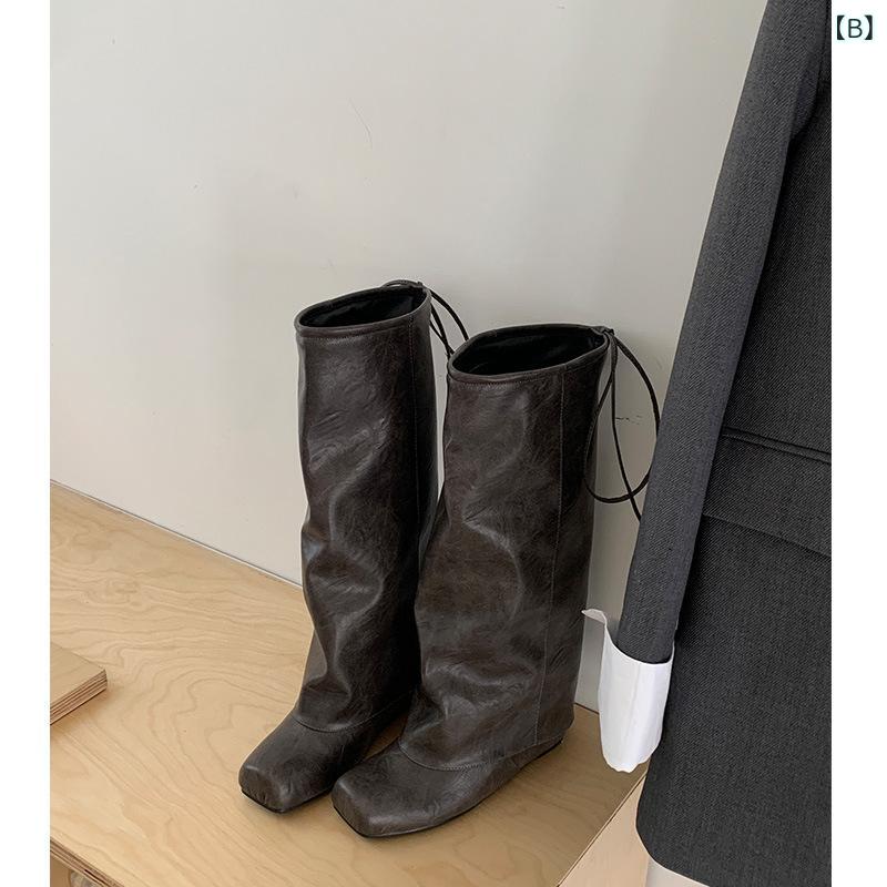 ブーツ レディース 美脚 ミドル丈 チャンキーヒール ストレッチ スエード スムース 内ボア 履きやすい ..