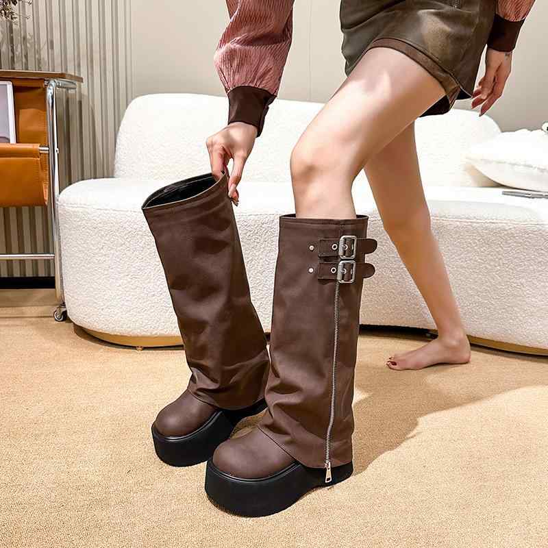 ブーツ レディース 厚底 ニーハイブーツ ショートブーツ コンバットブーツ 袴ブーツ ラウンドトゥ チャンキーヒール 超繊維 ゴム底 無地 ブラック 黒 ブラウン 茶色 春夏 秋冬
