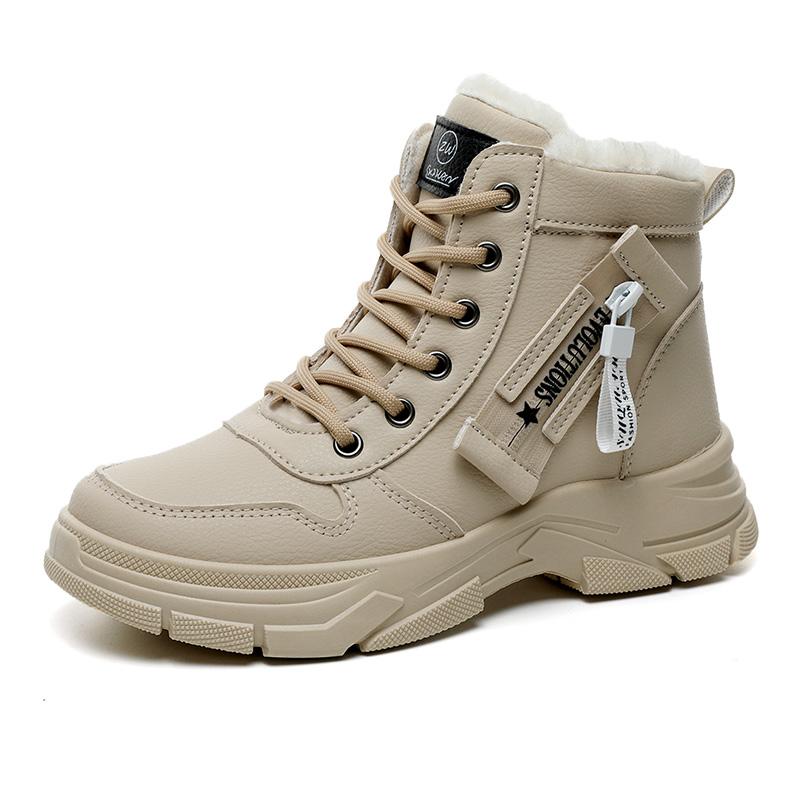 スノーブーツ レディース 暖か 防寒 厚底 ハイカット スニーカー 冬用 女性 婦人靴 無地 ラウンドトゥ レザー 切り替え 履きやすい ローヒール 黒 白 ベージュ
