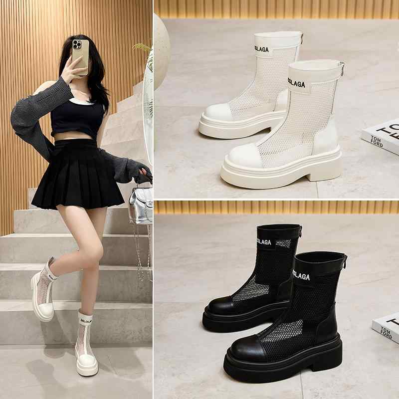 ブーツ レディース 涼靴 サマーブーツ 厚底 チャンキーヒール ラウンドトゥ ミドル丈 ジッパー付き 春..