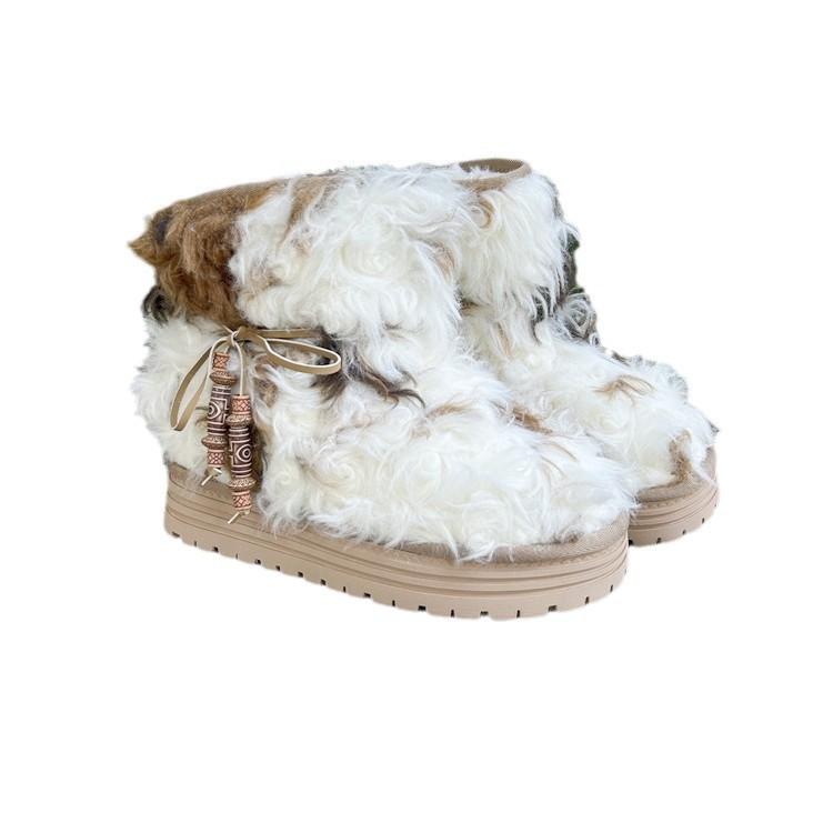 雪地ブーツ レディース 厚底 秋冬 防寒 保温 滑り止め スノーブーツ ショートブーツ 中筒ブーツ ハーフブーツ 民族風 ラウンドトゥ 5cmヒール 普段使い あったかグッズ 牦牛ブラウン