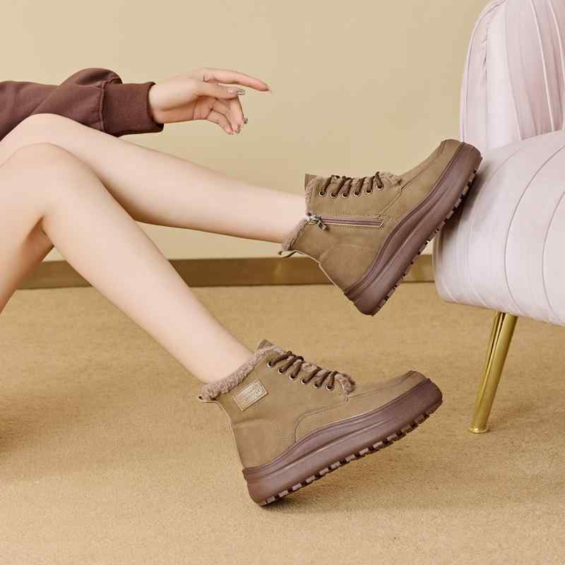 スノーブーツ レディース ボア 防寒ブーツ あったか 牛革 厚底 ショートブーツ ラウンドトゥ レースアップ カーキ ブラウン 秋冬