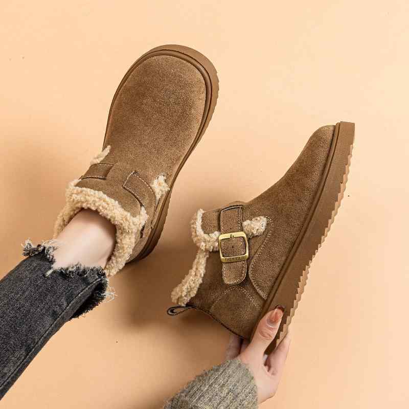 靴 レディース 秋冬 ショートブーツ 厚底 防滑 保温 スノーブーツ ラウンドトゥ 超纤 羊羔毛 栗色 羚羊棕 カジュアル