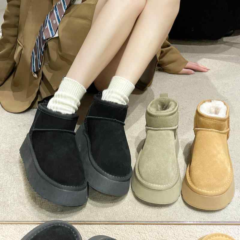 雪地ブーツ レディース 本革 厚底 ショートブーツ 秋冬 5cmヒール 3cmヒール ラウンドトゥ プルオン 履きやすい 暖かい 防寒 滑り止め カジュアル 婦人靴 栗色 ブラック ブラウン