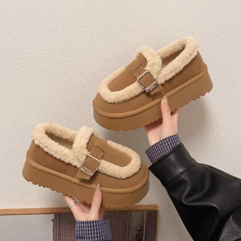 靴 レディース 厚底 雪地靴 スノーブーツ ファー モカシン 秋冬 防寒 保温 ラウンドトゥ ローカット スリッポン 普段使い デイリー カジュアル 深棕色 驼色