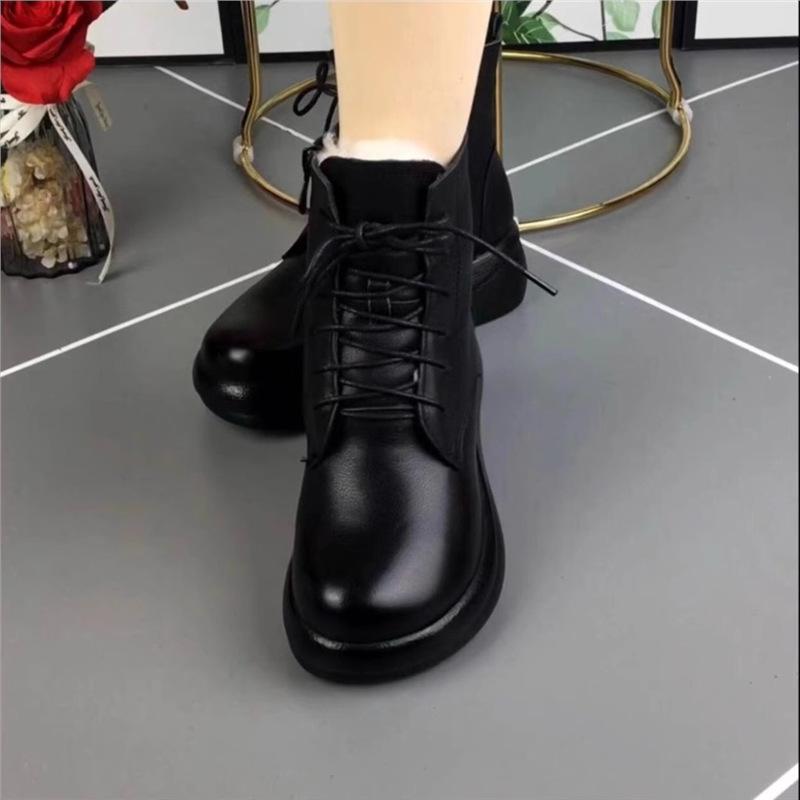 ブーツ レディース 短靴 厚底 本革 羊毛 皮毛一体型 冬季 綿靴 防寒 保温 滑り止め スノーブーツ 黒 ブラック