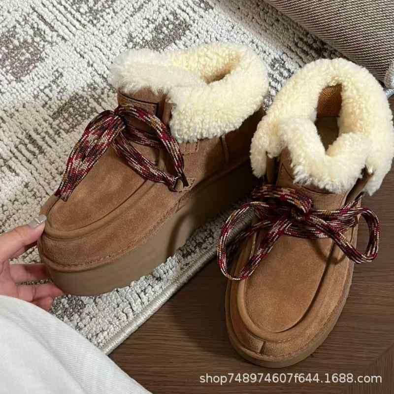 スノーブーツ レディース 女性用 冬季 厚底 ショートブーツ 牛革 EVA 軽量 暖かい 防滑 栗色 黒 木棕色 雷云灰色