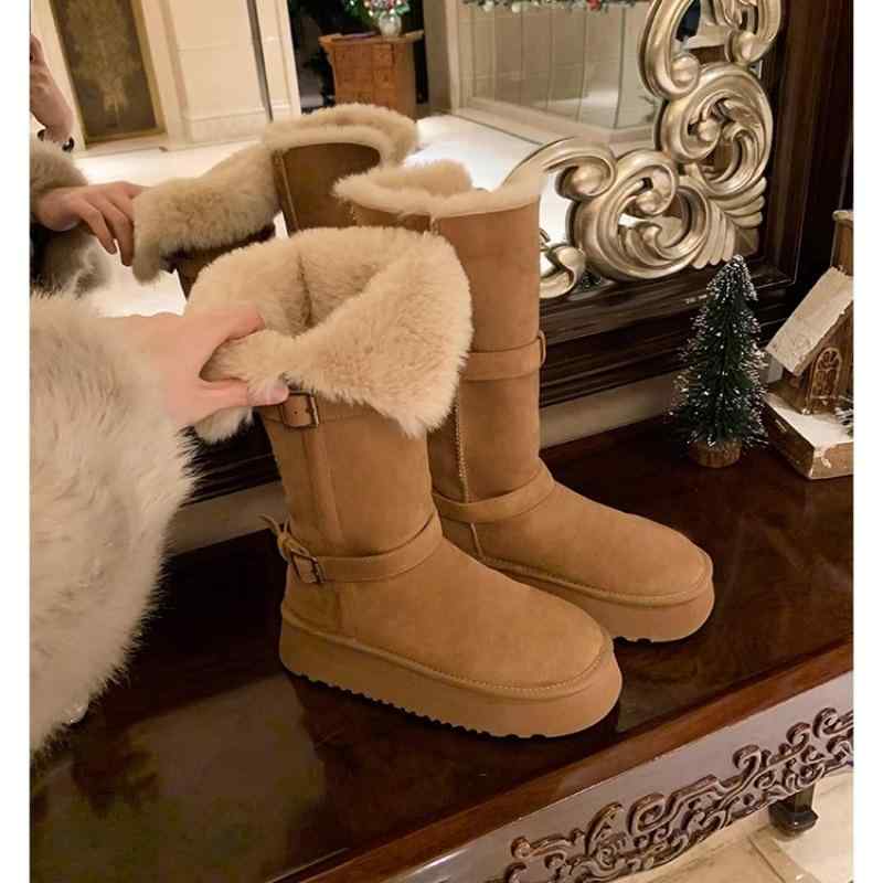 スノーブーツ レディース 高筒 厚底 牛革 ウール あったかシューズ 防滑ソール カジュアル 冬 栗色 グレー