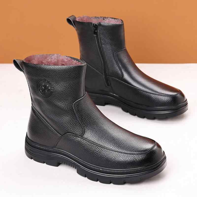スノーブーツ メンズ 紳士靴 牛革 防滑 保暖 裏ボア レザーブーツ ミドル丈 シニア 普段使い 冬 黒