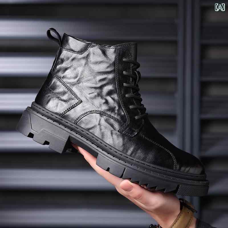 ブーツ メンズ 男性用 馬丁靴 高帮 裏起毛 羊革 本革 ワークブーツ ファッション 皮靴 ラウンドトゥ 滑り止め 暖かい 秋冬 黒 ブラック