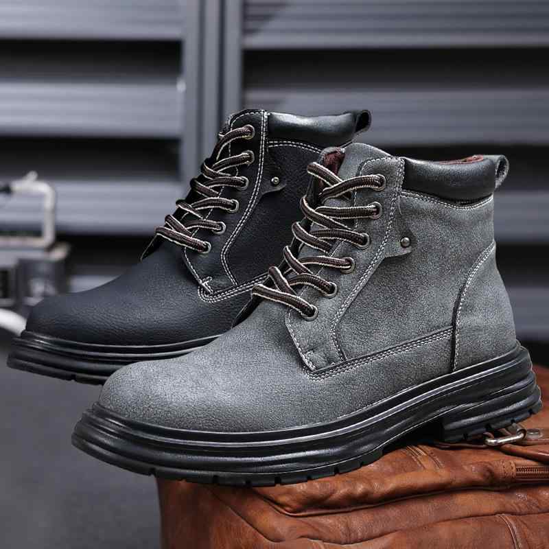 ブーツ メンズ 男性用 厚底 ショートブーツ レースアップ round toe 増高 防滑 保温 秋冬 黒 ブラック グレー 灰色