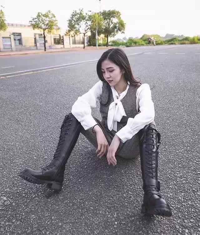 ブーツ レディース 長靴 皮革 レースアップ 厚底 ニーハイブーツ ロングブーツ ライダース風 バイク用 秋冬 黒