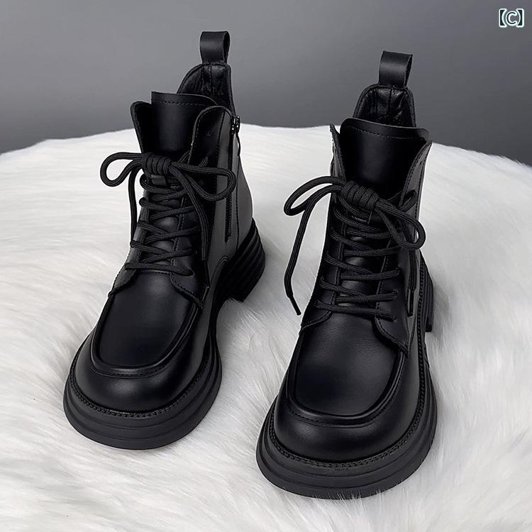 ブーツ レディース 婦人靴 2024年 秋冬 本革 レザー 厚底 ショートブーツ レースアップ 英国風 ブラック 黒 ブラウン 茶色 35 36 37 38 39 40