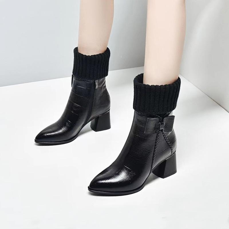 ブーツ レディース 婦人靴 秋冬 本革 スエード調 チャンキーヒール ポインテッドトゥ ミドル丈 丈 あったか 防寒 黒 ブラック