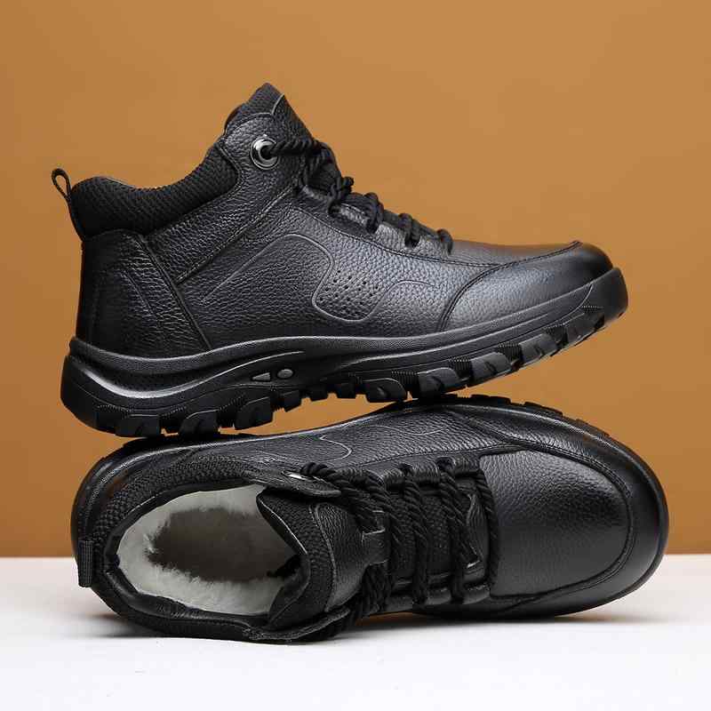 靴 メンズ 男性用 綿靴 牛革 羊毛 ショートブーツ 紐靴 ラウンドトゥ フラットヒール 防寒 あったか 秋冬 黒