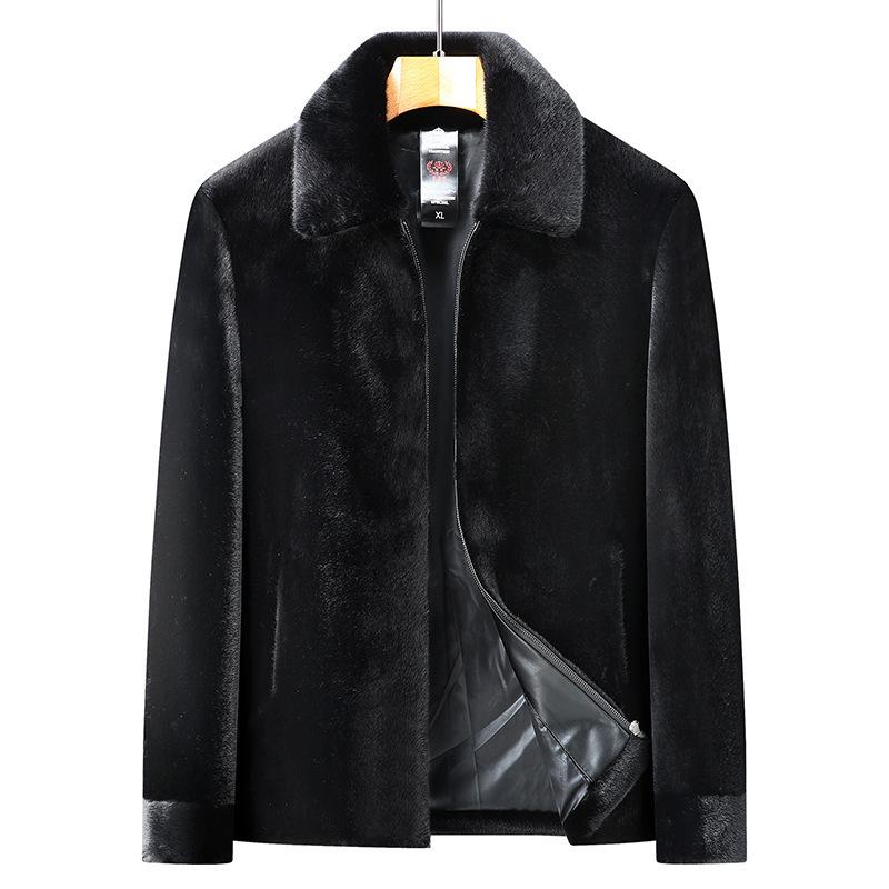 ジャケット メンズ 男性用 水貂绒（ミンク） 加绒 加厚 大きいサイズ ミドルエイジ 普段使い 長袖 無地 襟付き ジッパー アウター ブラック