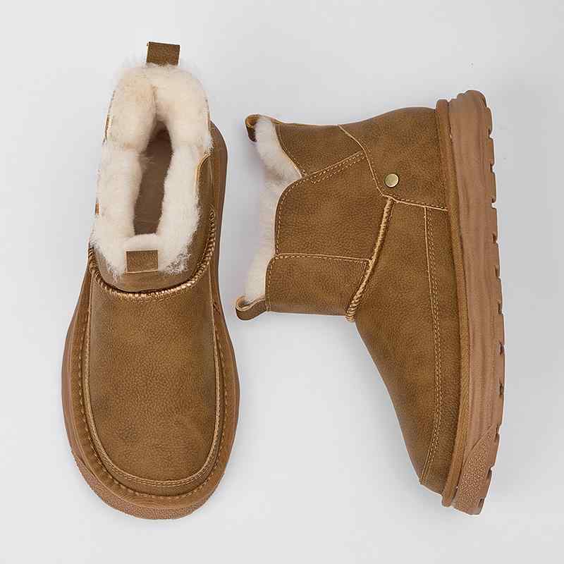 雪地靴 メンズ 男性用 防水 防滑 ショートブーツ 本革 羊毛 ウインターブーツ ラウンドトゥ 暖か 裏起毛 普段使い カジュアル 栗色 山茶色 ブラック系