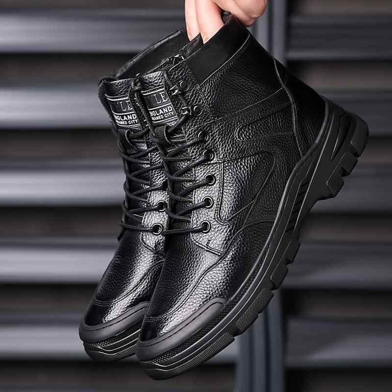 雪地ブーツ メンズ 男性用 防寒ブーツ 本革 シープスキン ムートン あったか 厚手 裏起毛 滑り止め ワークブーツ 秋冬 黒 ブラック(4)