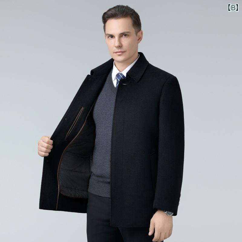 コート メンズ 男性用 ウール ミドル丈 ダウンライナー 中高年 父親向け 水貂毛襟 厚手 アウター 秋冬 紺色 黒色 グレー