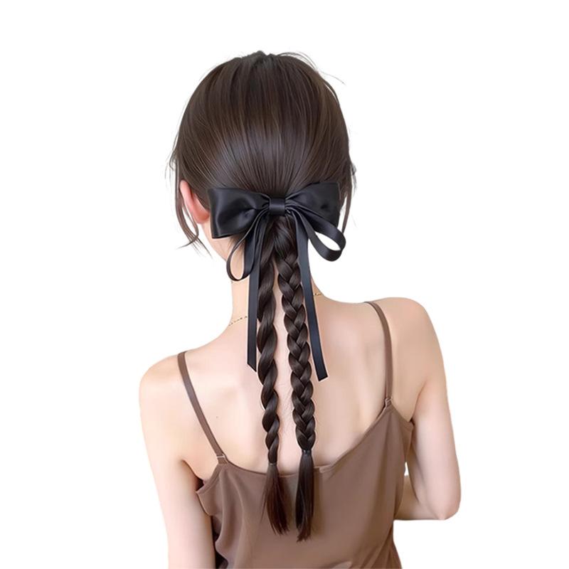 ヘアエクステ レディース リボン付き ダブル 三つ編み ツイスト ブレード ロング ポニーテール ウィッ..