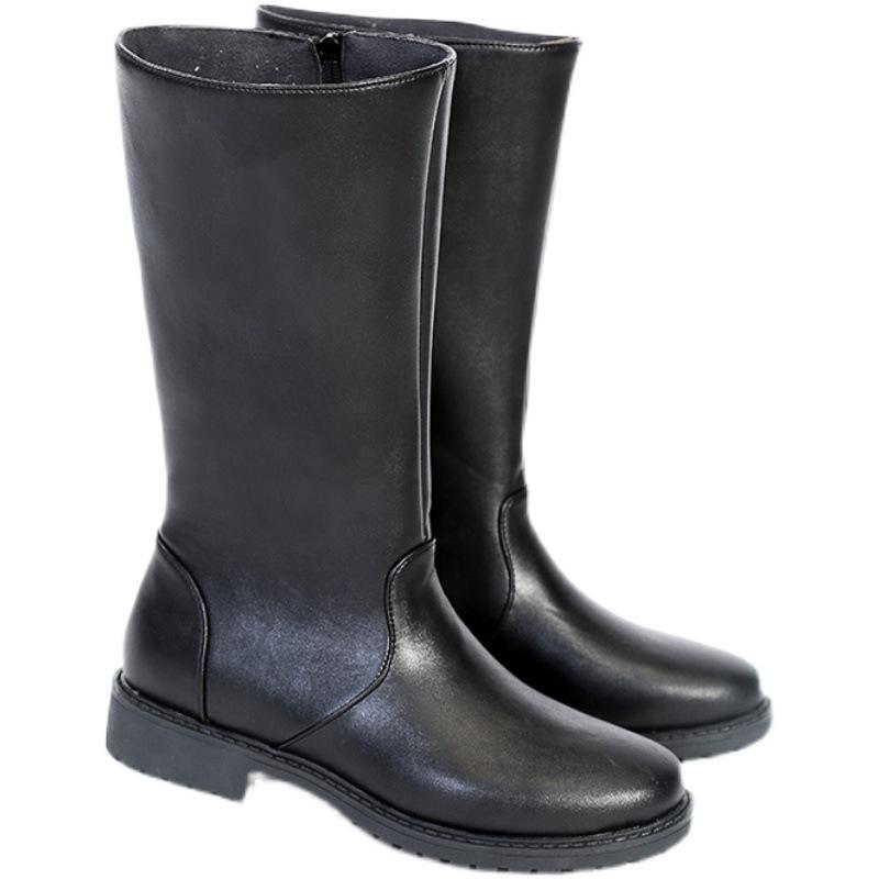 ブーツ 男女兼用 演奏会 儀仗隊 コスプレ 乗馬風 ラウンドトゥ ローヒール PU レザー ブラック