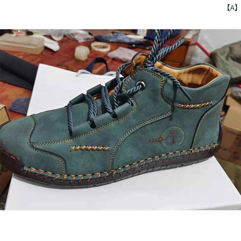 ブーツ メンズ アウトドアブーツ ショートブーツ ワークブーツ 本革調 合皮 厚底 フラットソール ラウンドトゥ レースアップ 滑り止め 秋冬 グリーン ブルー ブラック ブラウン カーキ 大きいサイズ