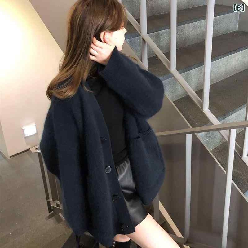 カーディガン レディース 春秋 レトロ ニット カーディガン トップス 浣熊 绒 コーヒー色 ゆったり 慵 懶 風 ミディアム丈 ニット セーター アウター