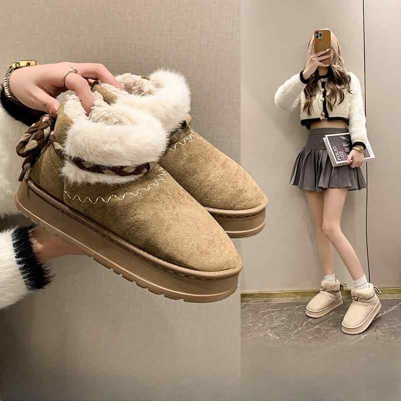 ブーツ レディース 厚底 スノーブーツ ローカット ラウンドトゥ ベルベット調 秋冬 防寒 保温 普段使い デイリーユース 黒 白 ベージュ