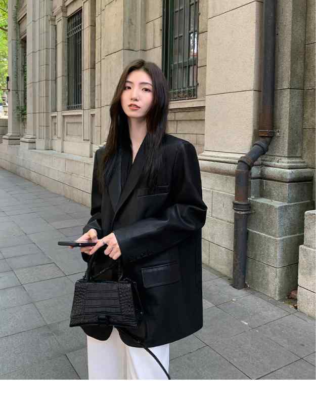 ジャケット レディース テーラードジャケット 黒 PUレザー 人工皮革 春秋 ミドル丈 ゆったり アウター 通勤