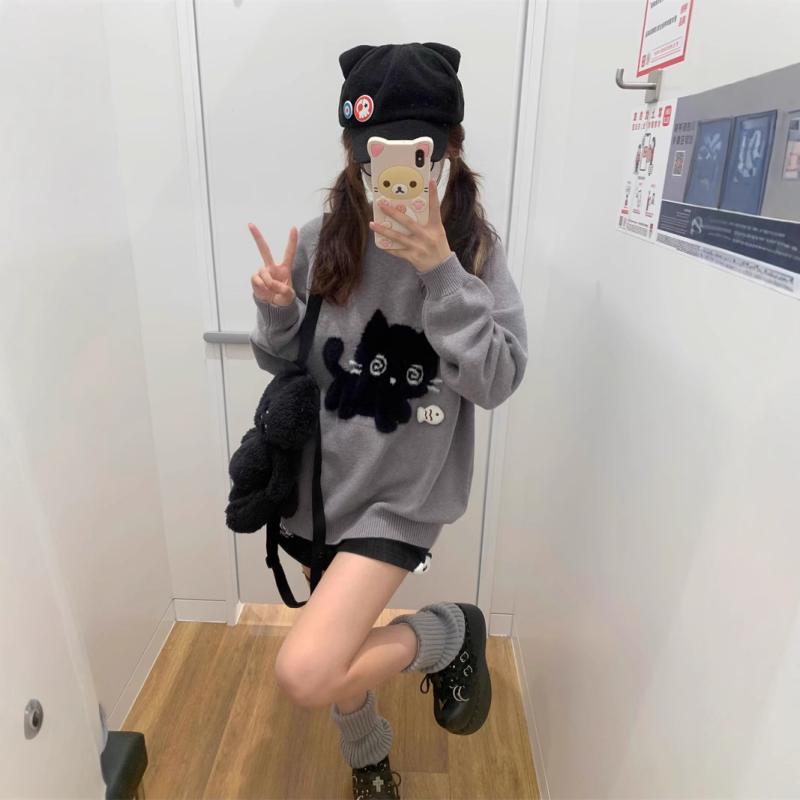 ニット レディース かわいい 猫 立体 魚 モチーフ ジャカード編み プルオーバー 秋冬 長袖 暖かい ゆったり 普段使い