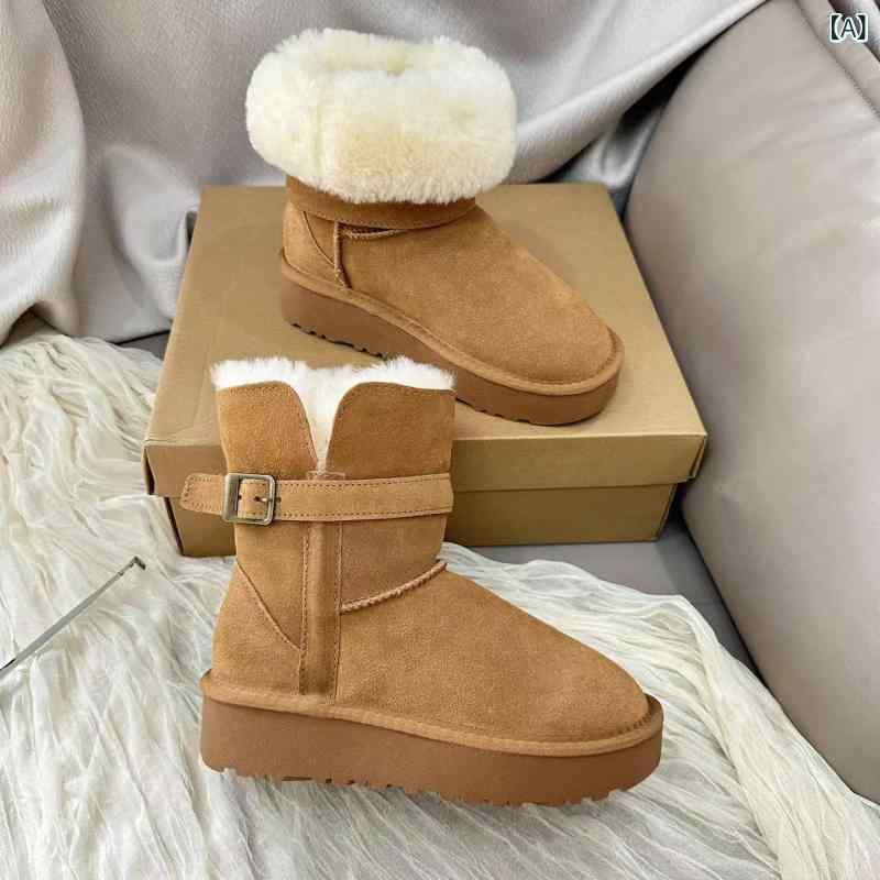 雪地ブーツ レディース 厚底 レザー ムートン あったか 防寒 ショートブーツ ミドル丈 カジュアル 普段使い スリッポン 秋冬 栗色