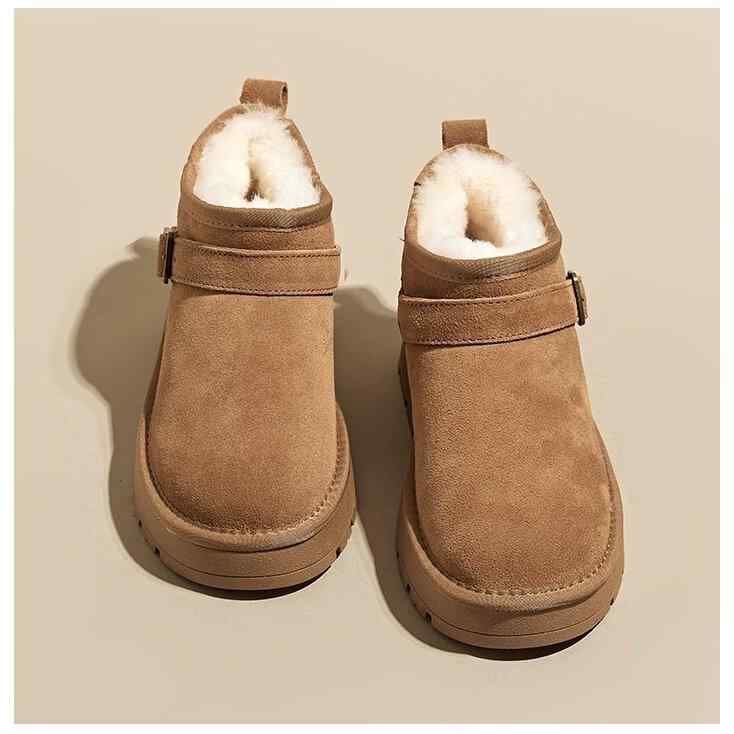 雪地ブーツ レディース 厚底 防滑 保温 ショートブーツ スノーブーツ ラウンドトゥ フラットヒール ローヒール 牛革 スエード 浅口 ゴム底 無地 冬 秋冬 カーキ色 ダークブラウン