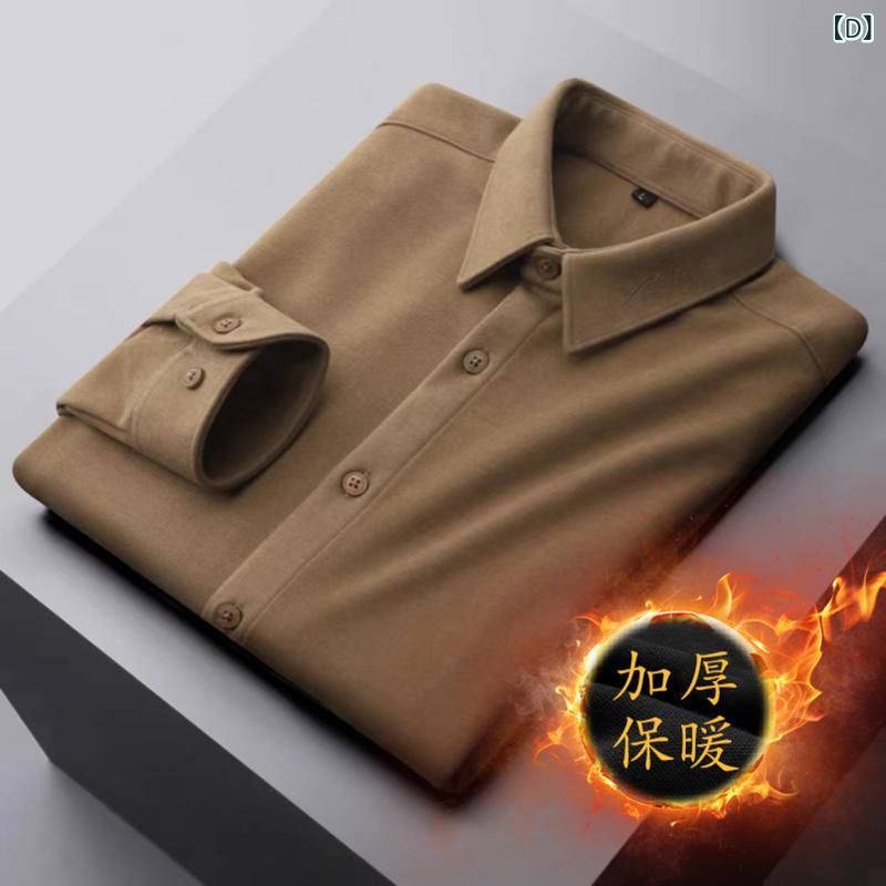 シャツ メンズ 男性用 長袖 秋冬 起毛 形態安定 厚手 スリムフィット ポリエステル ブラック ダークグレー カーキ ダークブラウン