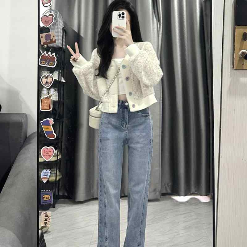 ニット カーディガン レディース デニムパンツ 2点セット 切り替え 迷彩柄 パンツスーツ 長袖 S M L XL ポリエステル 普段使い 通勤