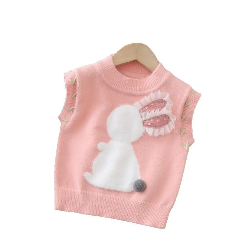 ニットベスト キッズ 女の子 かわいい 春秋冬 薄手 子供服 トップス チョッキ 水色 ピンク系 アニマル柄 普段着