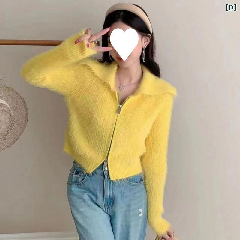 ニット レディース カーディガン 秋冬 法式 かわいい アウター ジャケット ジップアップ ショート丈 トップス 粘胶纤维 レーヨン 白色 ブラック ピンク系 イエロー 天藍色 ポロ襟 長袖 通勤