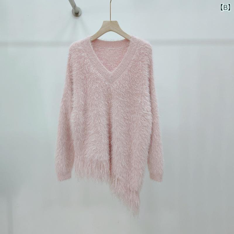 ニット レディース Vネック プルオーバー フェイクミンク ミンク風 ニット セーター トップス 秋冬 長..