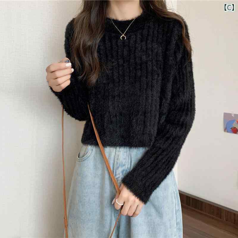ニット レディース 秋冬 韓国風 無地 かわいい ガーリー トップス プルオーバー ファッション ニットセーター カットソー 長袖 ラウンドネック 短め丈 白/ホワイト グレー ブラック ピンク系 ブルー