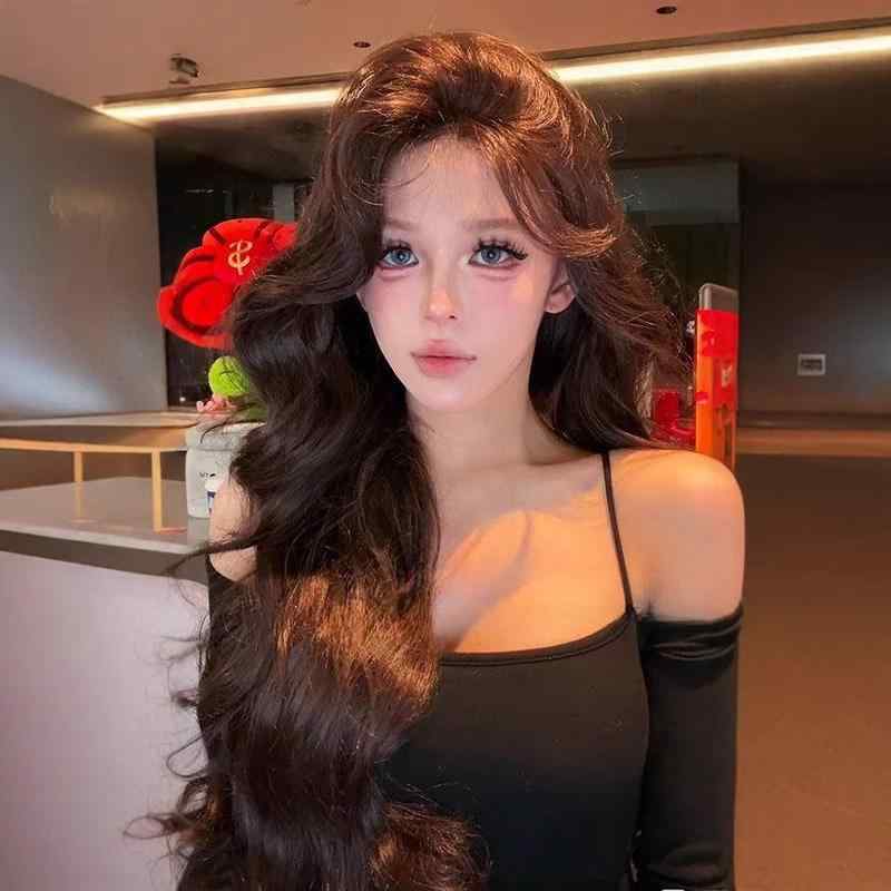 ウィッグ レディース 巻き髪 黒茶色 大波 ウェーブ ロング 斜め前髪 フルウィッグ 自然 普段使い イメ..