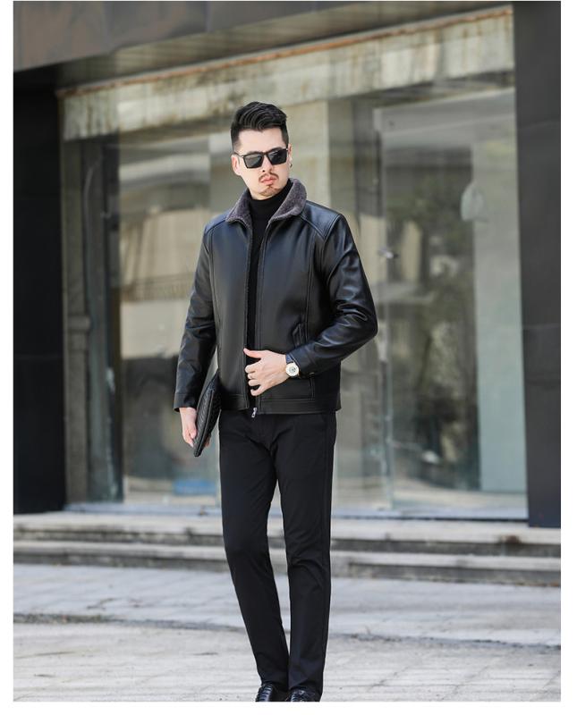 ジャケット 男性用 レザー 冬季 裏起毛 厚手 ゆったり PU 紳士 普段使い ブラウン ブラック